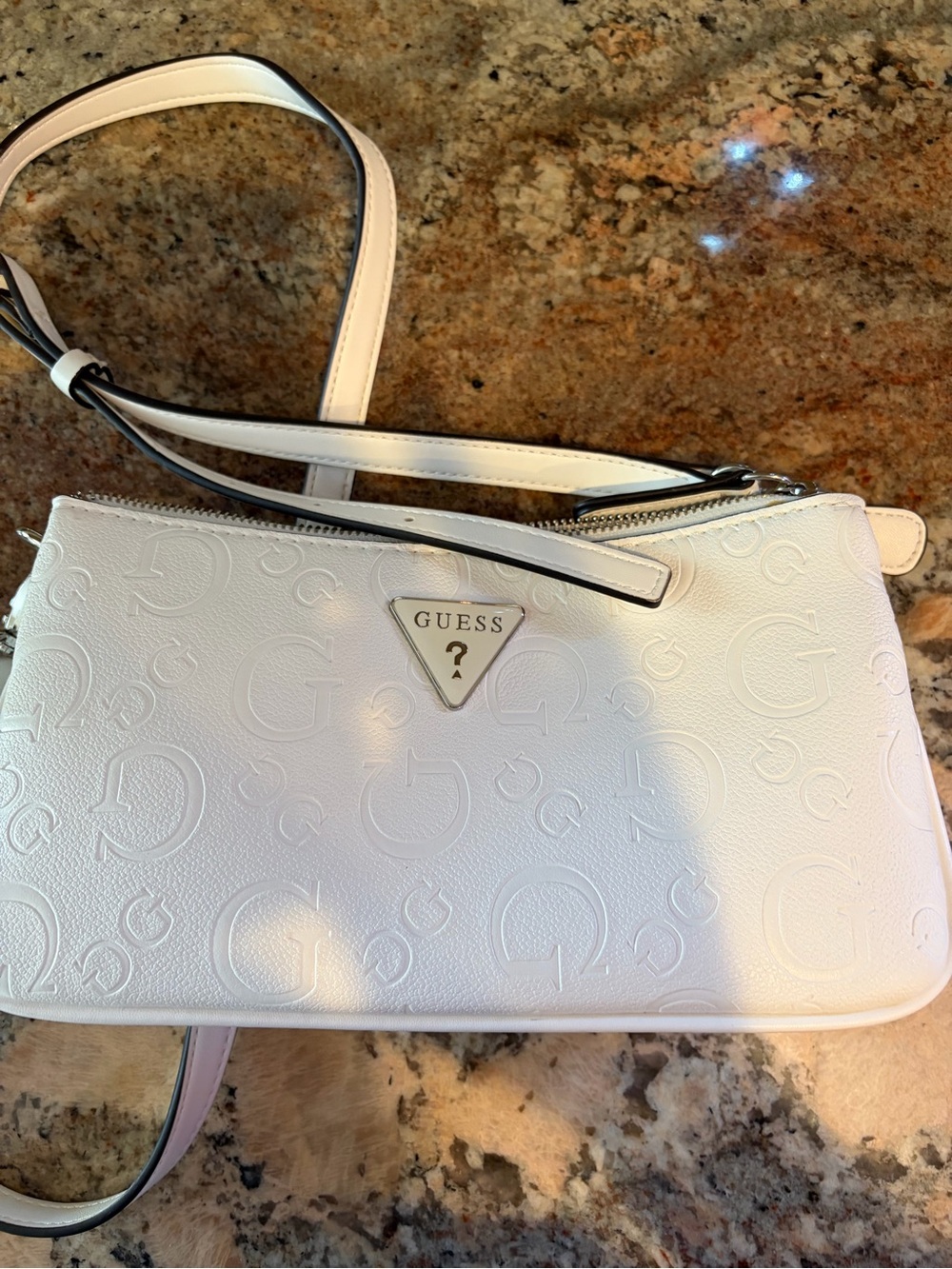 GUESS White Embossed Logo Crossbody with Triangle Emblem